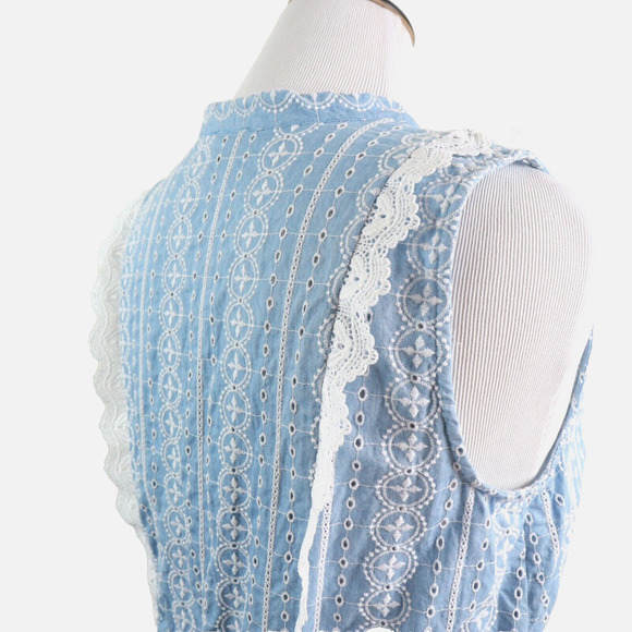 Ann Taylor Size L Chambray Lace Tie Front Top Peplum Sleeveless Blue - Picture 6 of 10